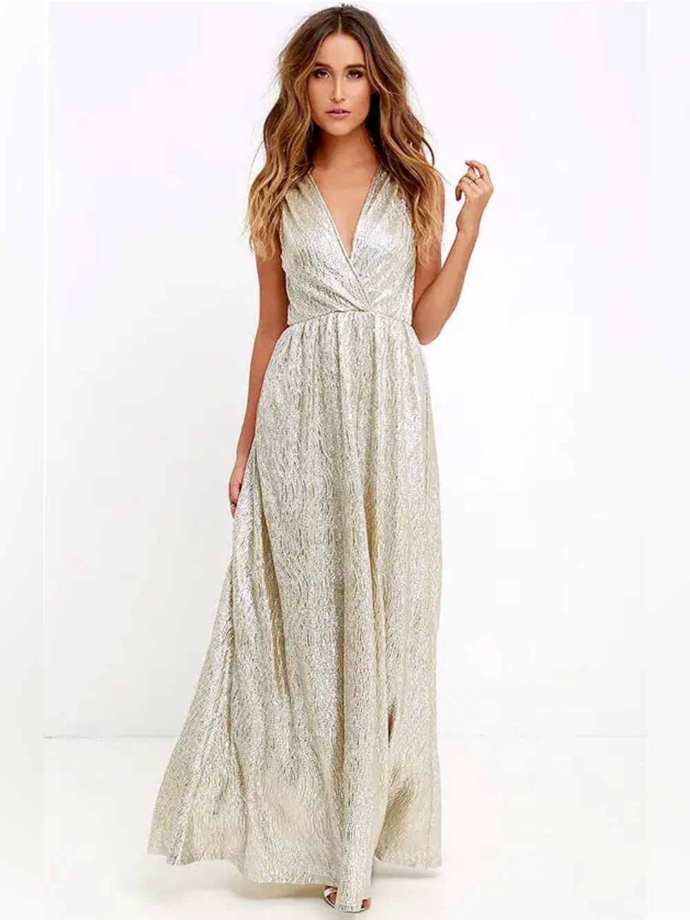 Lulu's Shimmery Cream Metallic V-Neck Maxi Dress